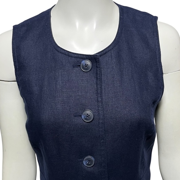 Tory Burch Linen Sheath Dress Size 4 Button Front Navy Blue Sleeveless Pockets - Picture 2 of 9